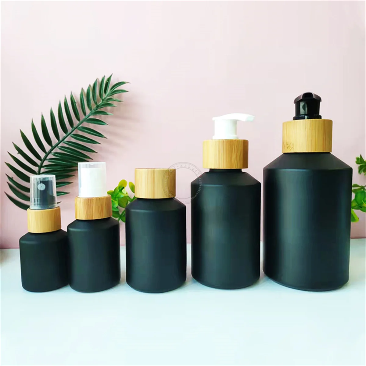 

3pcs 15ml To 200ml Matte Black Glass Emulsion Spray Pump Dropper Bottle Vials with Bamboo Lotion Pump Atomizer Lid Disc Top Cap