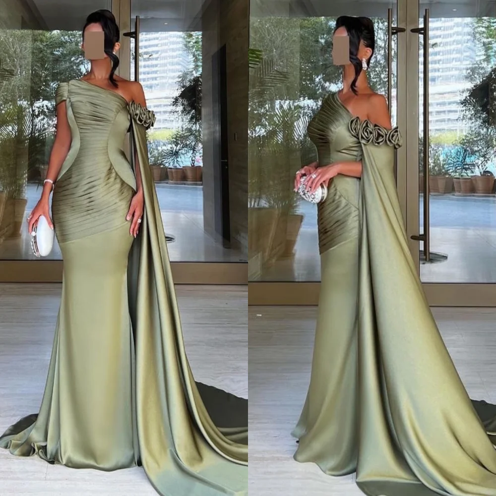 

Customized Sexy Pleat Handmade Flower Trumpet Off-the-shoulder Long Dresses Cocktail Dresses High Quality