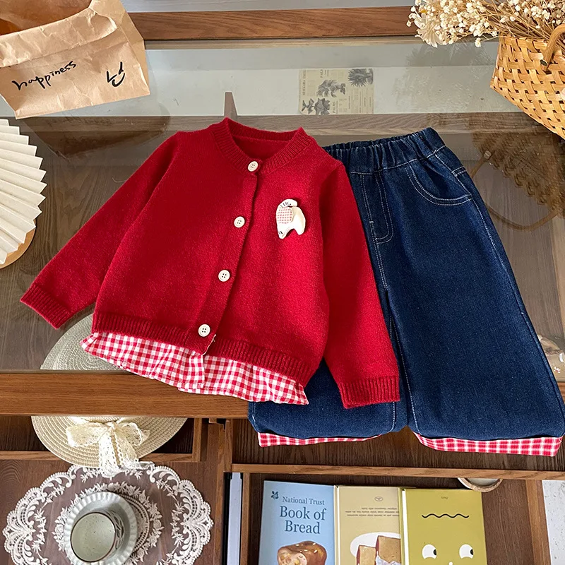 Girls' Two-Piece Knitted Sweater Set Autumn Fashion Checked Patchwork Top And Jacket with Jeans for Kids