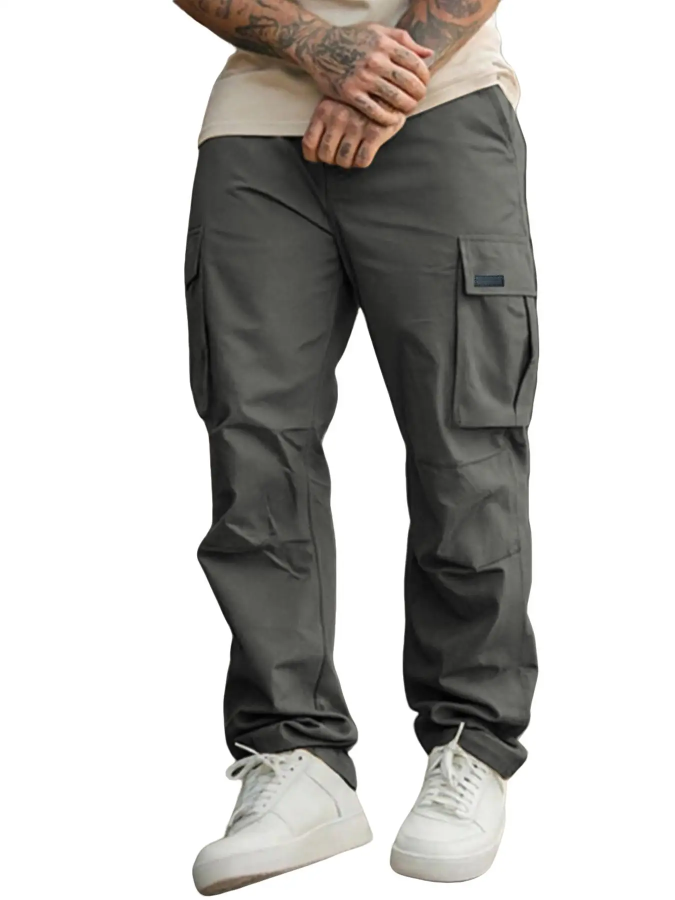 Herren Einfarbige Cargohose Regular Fit Lässige Gerade Hose mit Pattentaschen und Kordelzug für den Alltag – Detail 15