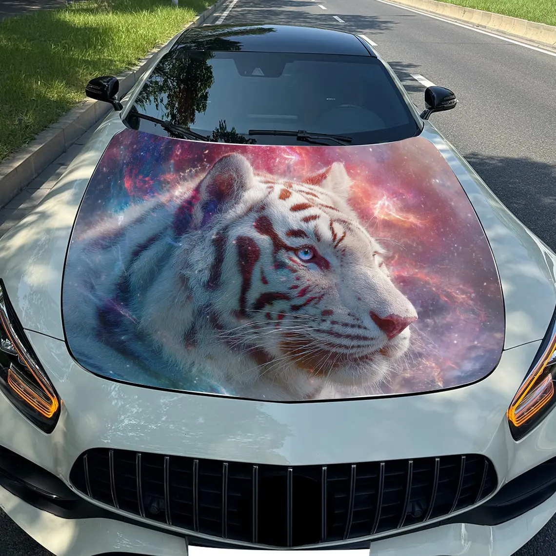 

Starry Sky Flame Tiger Car Hood Sticker PVC Self Waterproof Stick, Striking Auto Exterior Accessories Decor Protect Gift for Car