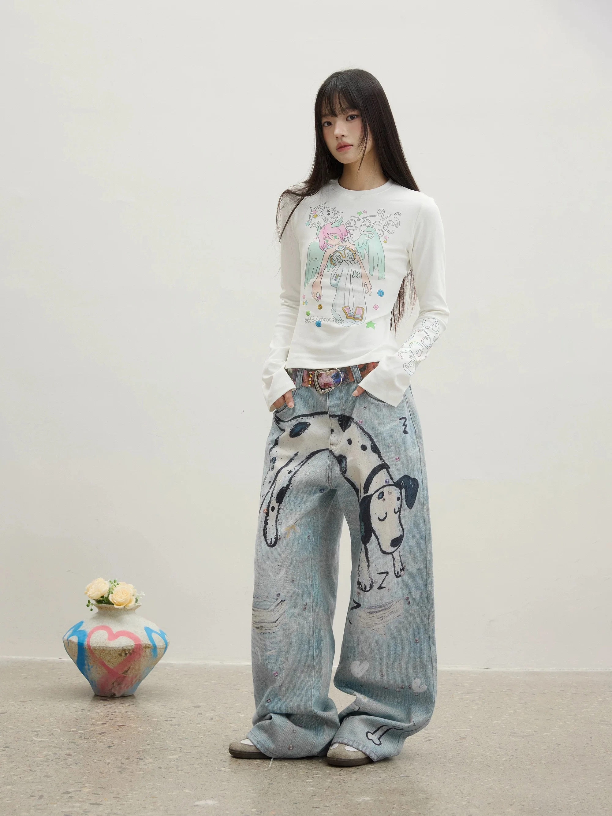 Y2K Puppy Print Jeans Women American Washed Distressed Retro Autumn Trend Loose Straight Wide Leg Pants