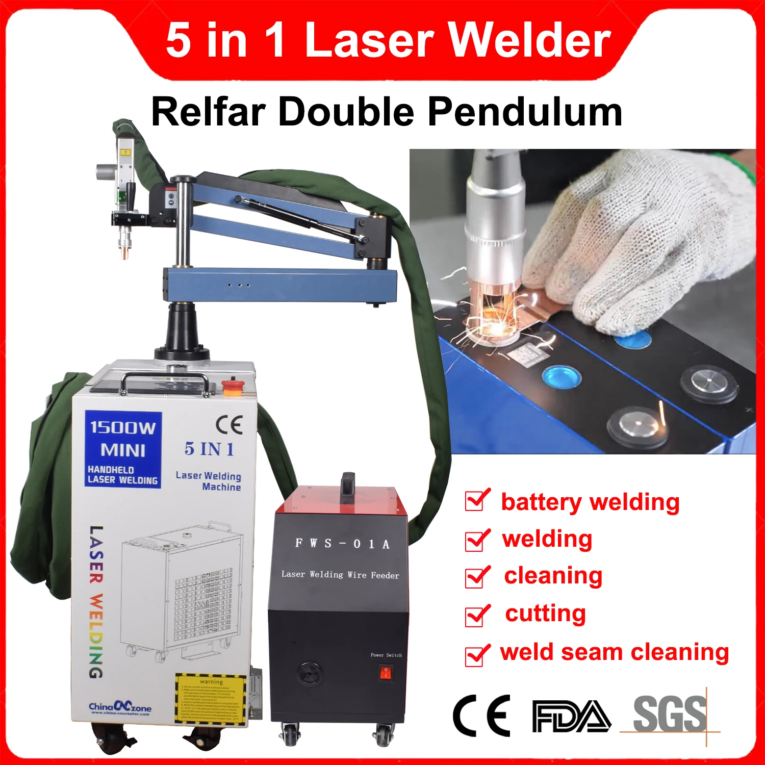 5 in 1 Fiber Laser Battery Welding Cleaning Cutting welding Machine Double Wobble BWT 1500W Handheld Laser Welder for All Metal