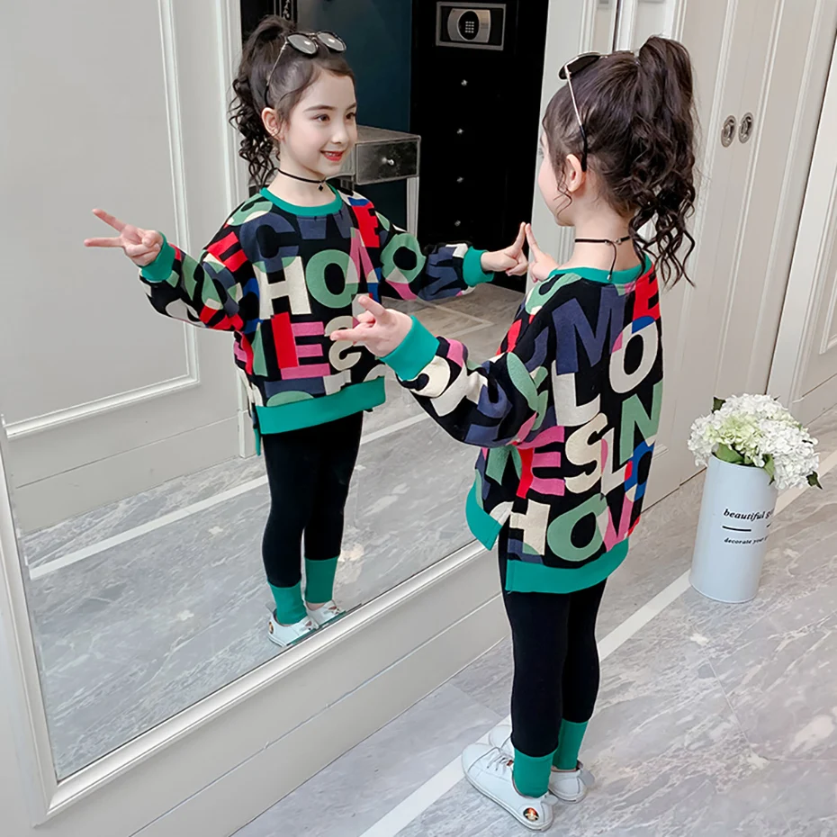 Girls Sport Clothes Sweatshirt + Leggings Clothes For Girl Letter Pattern Kids Girls Clothes Teenage Children Clothings