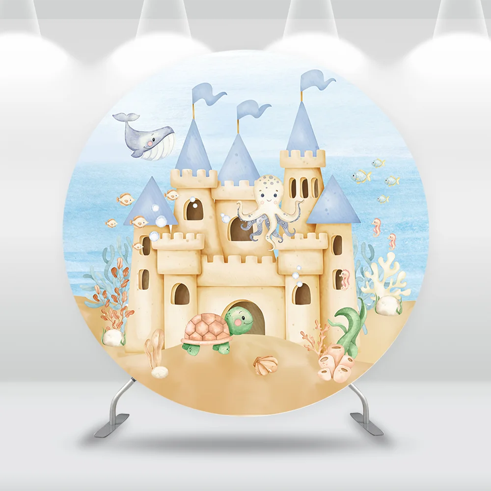 Underwater Castle Theme Round Circle Backdrop Cover for Boy, Birthday Party Decor, Banner, Crab Fish Background, Cylinder Covers