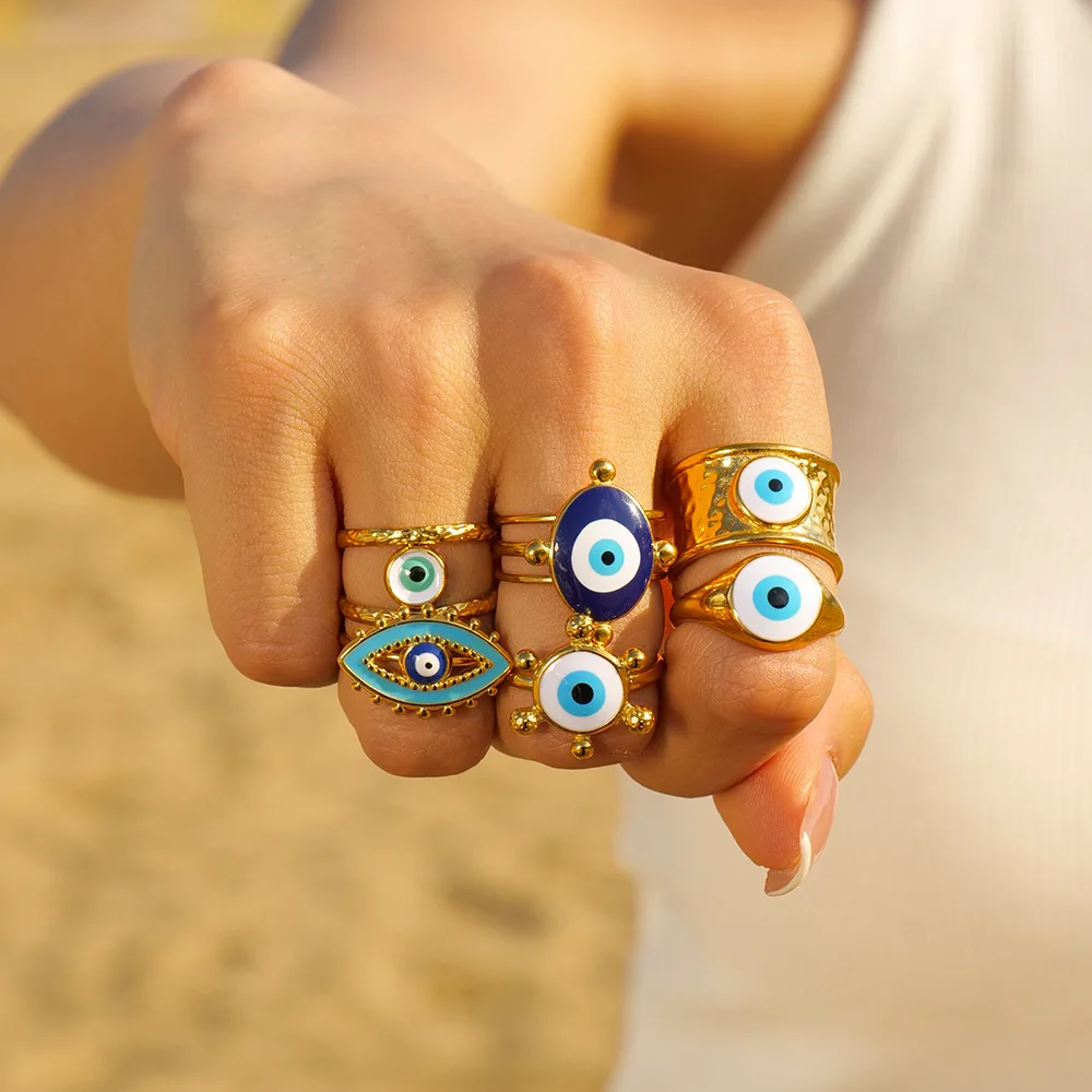 PAPERPLUS | Evil Eye Ring Set for Women.and Girl.Stainless Steel.Eye Blue.Turkey Charm Gold Jewelry.Unique.1Pcs.Not Fade.Stylish
