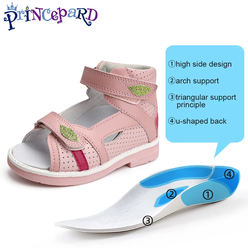 Children Orthopedic Shoes for Girls Summer Kids Leather Open Toe Sandals with Ankle Support Pink Low Top Hollow with Leaf Design