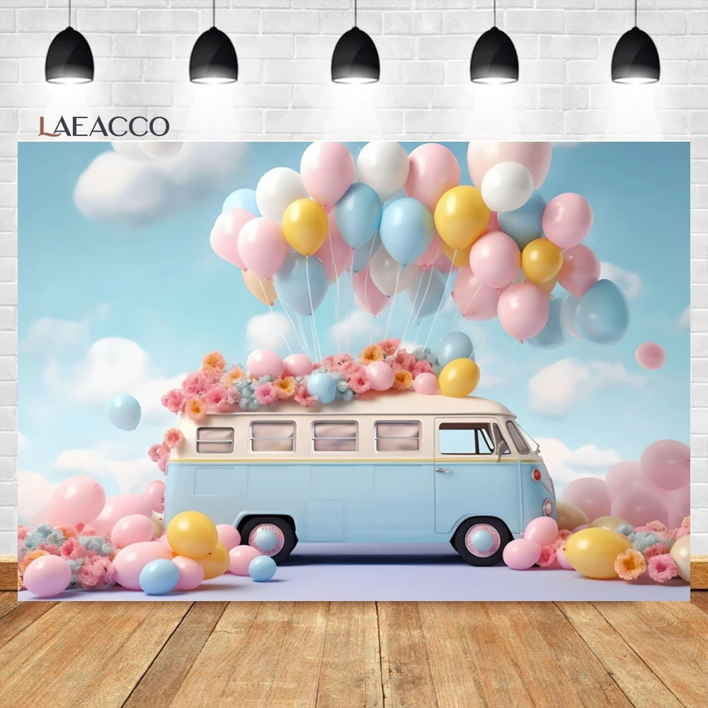 Laeacco Blue Sky Cloud Balloons Car Birthday Photography Backdrop Colorful Balloons Rainbow Arch Cake Smash Portrait Background