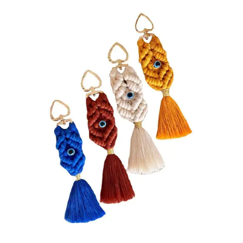 Boho Hand Woven Macrame Eye Keychain, Tassel Bag Charm, Vintage Ethnic Style Key Ring for Car Keys, Purse, Handbag Accessories