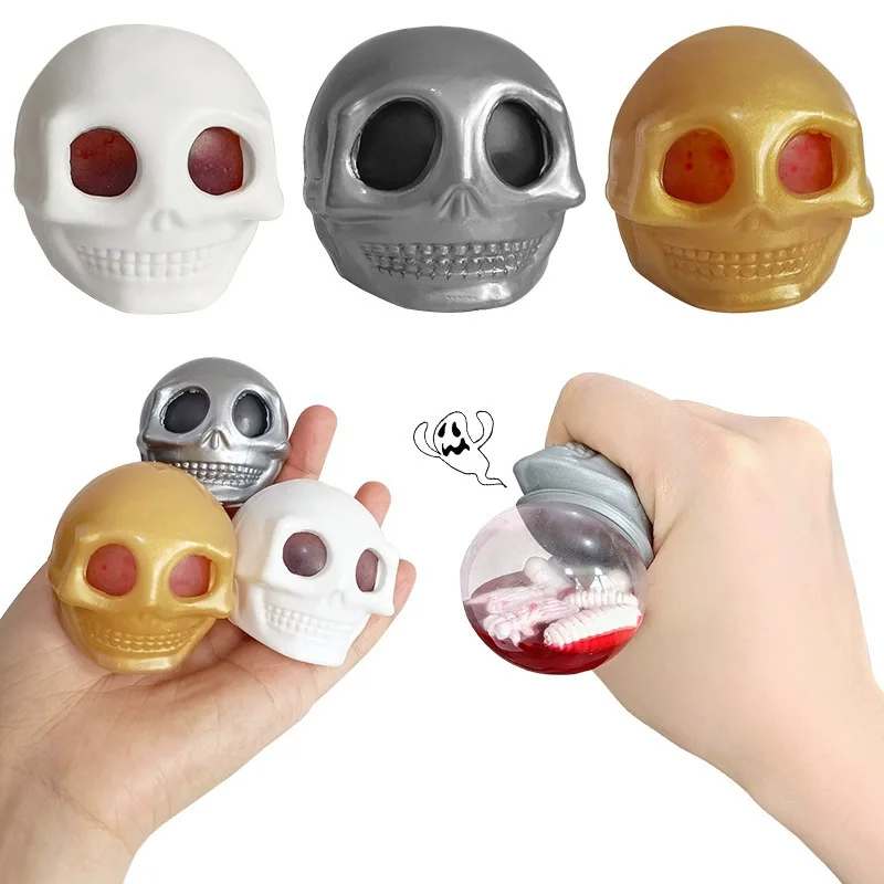 Juguetes Antiestrés de Halloween: Calaveras para Apretar con Sangre y Gusano, Juguetes de Descompresión y Broma para Halloween