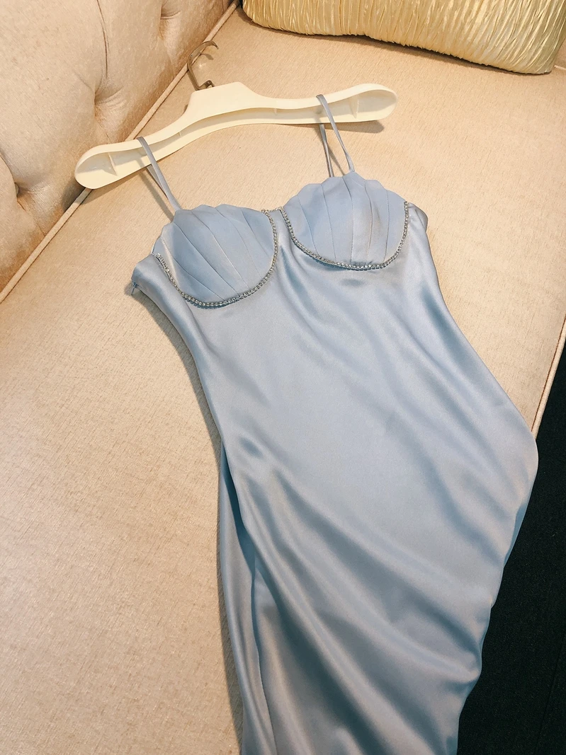 

Ele ell Rhinestone Wrap Chest Blue Holiday Strap Dr Asymmetrical Hemline Sensation Midi A-Line Gown