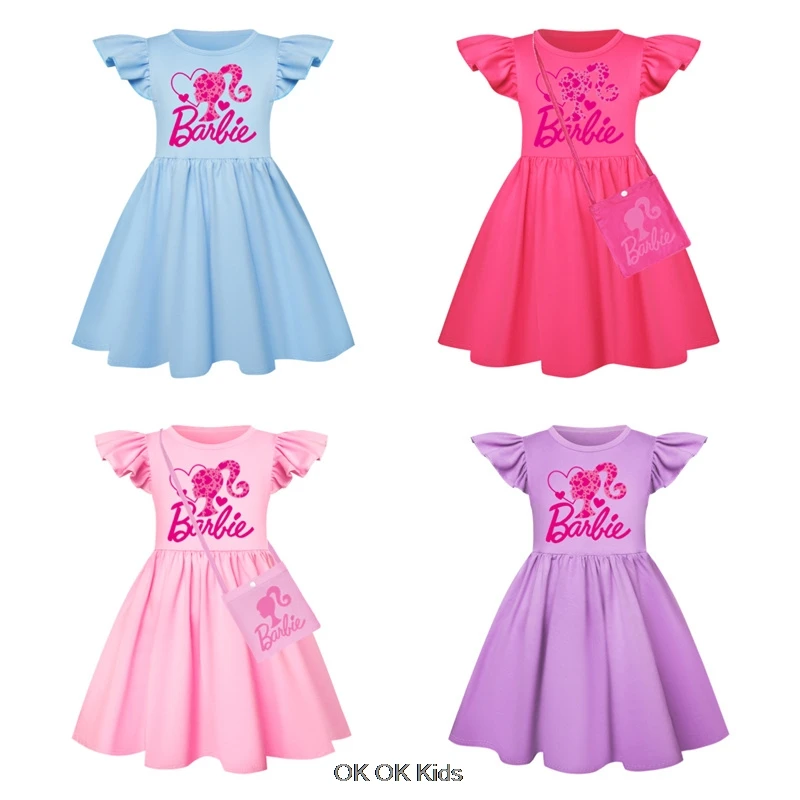 Letnie dziewczyny Barbie nadruk filmowy talia bufiasta sukienka maluch dzieci latające rękawy śliczna sukienka księżniczki + mała torba