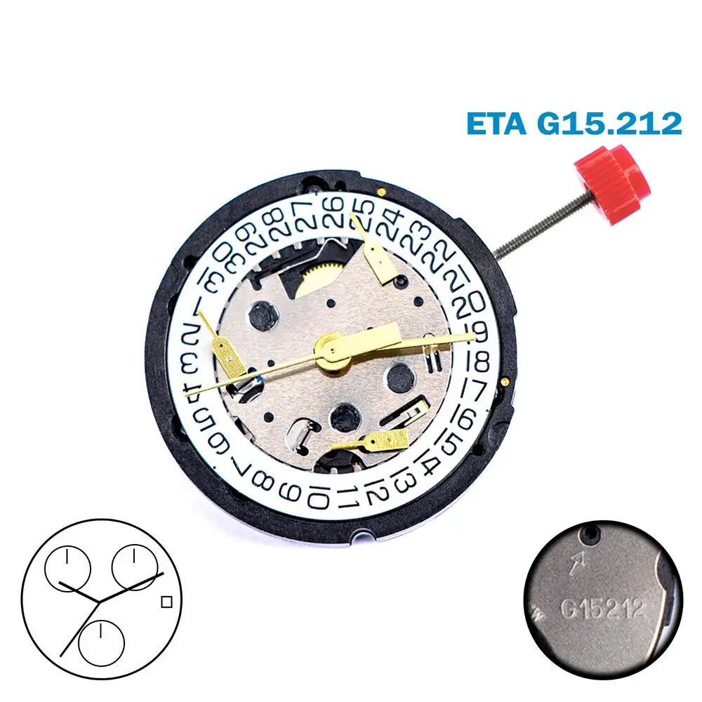 ETA G15.212  Movement White Date Disk on 3 , Chronograph, 6 Jewels.