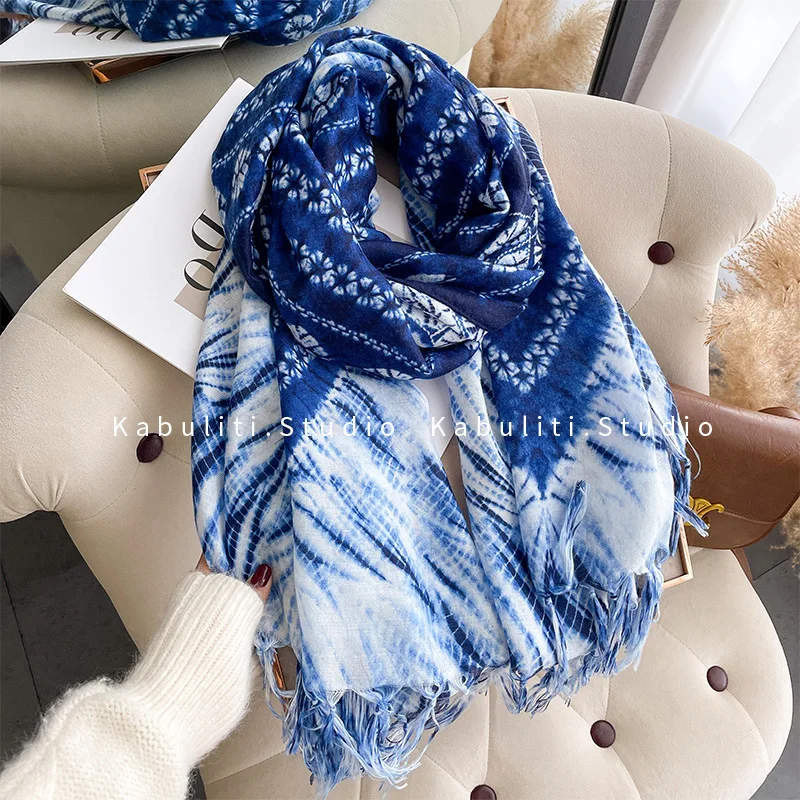 Traditional Batik Shawl Wrap Blue White Yunnan Style Frog Button Closure Travel Beach Sunscreen Scarf Lightweight Cotton Linen