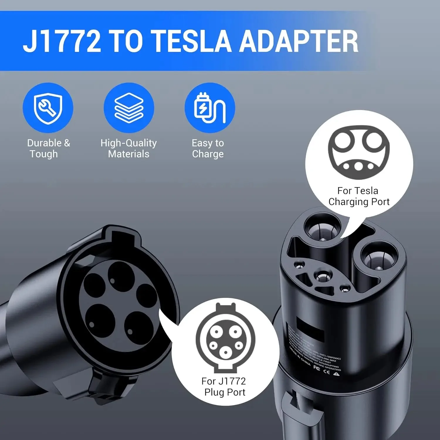 J1772 Charging Adapter for Tesla Model 3 Y S X, 80A/240 VAC, Optimal Fit, Easy Setup (J1772 to Tesla)