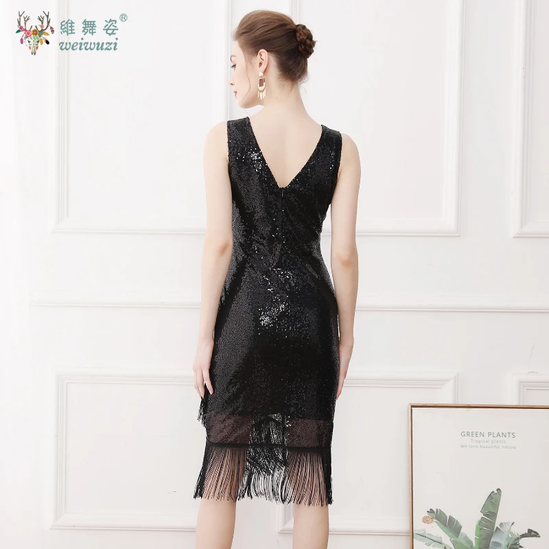 섹시한 등이 파인 블랙 시퀸 성인 여성 하이웨이스트 슬림핏 롱 스커트 우아한 태슬 브라이즈메이드 프롬 이브닝 드레스