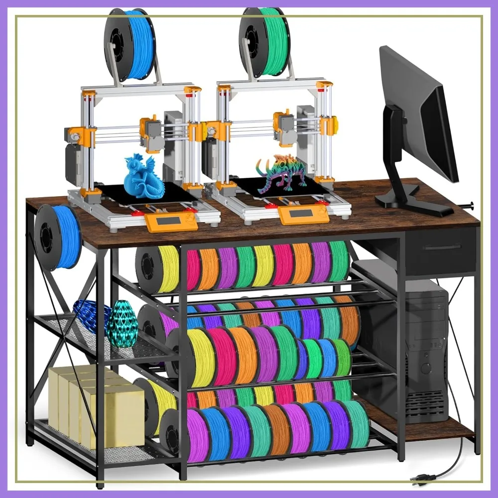 

Large 4-Tier 3D Printer Stand with Charging Station, Filament Storage Drawer, Heavy Duty Desk for Workshop Office Garage