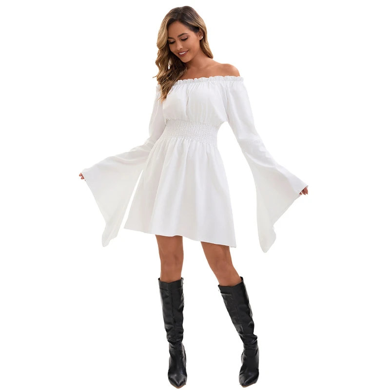 

Adult New Long Sleeved Shirt Medieval Renaissance Period Women Elastic Waist Off Shoulder White Dress with Flared Sleeves