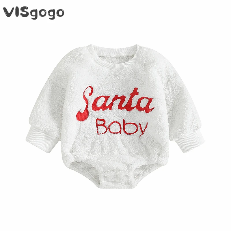 

VISgogo Baby Christmas Romper Long Sleeve Crew Neck Letters Embroidery Bodysuit Fall Winter Warm Plush Clothes for Girls Boys