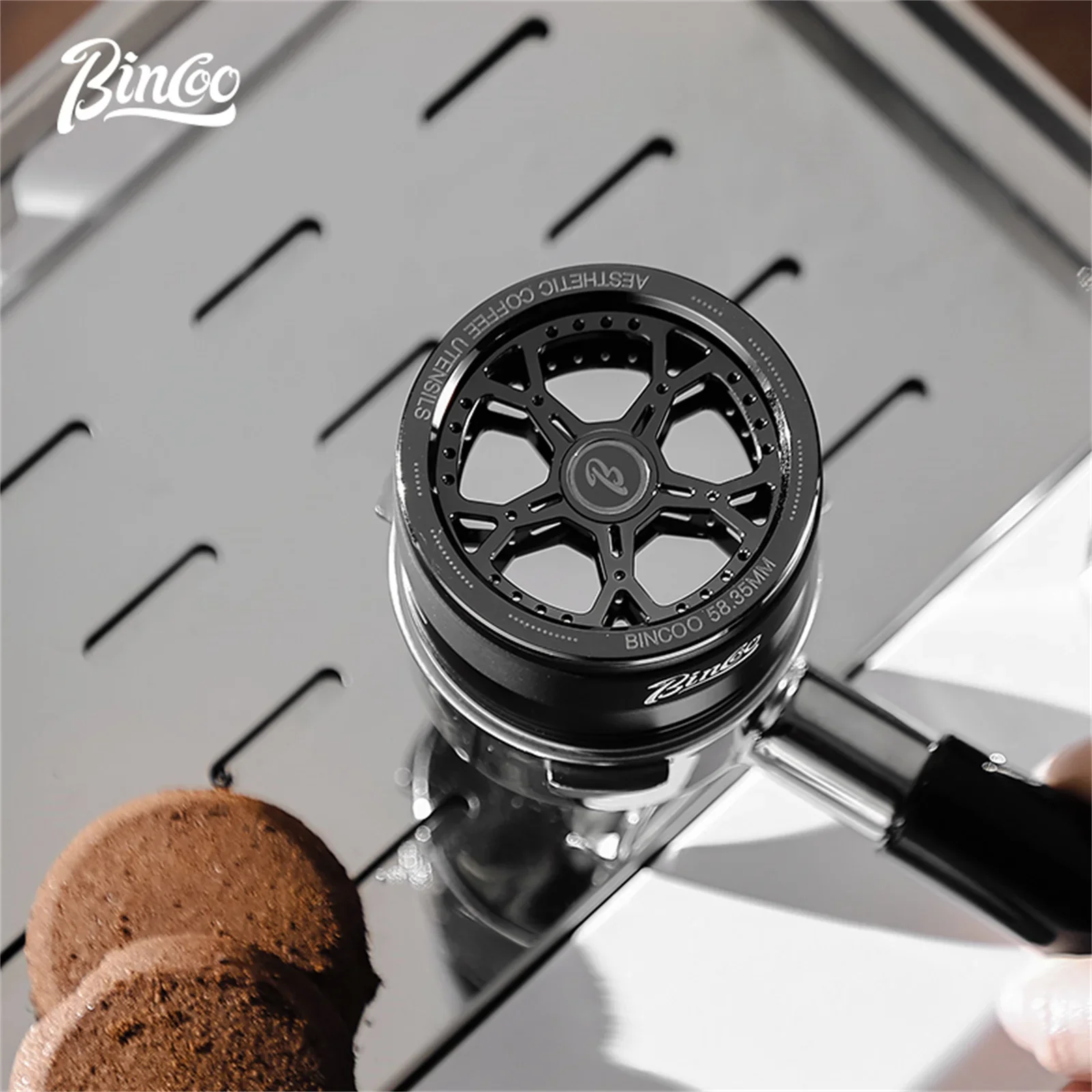 Bincoo 58mm Portafilter Leveler Gravity Auto-Adjust Design Solid Aluminum Body with Stainless Steel Blades Coffee Tool view 3
