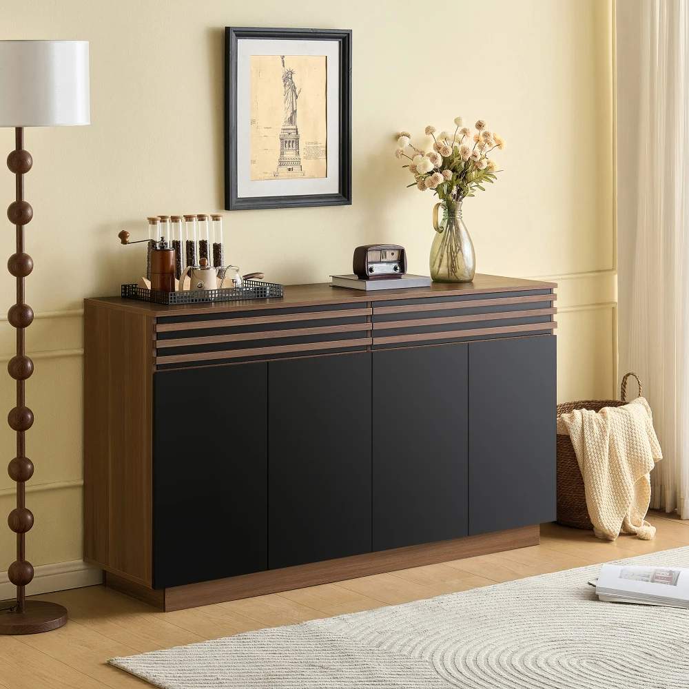 Buffet moderne 150 X 40 X 85 cm, avec portes noires, 2 tiroirs et 4 portes – Beaucoup de rangement, pour salon, salle à manger