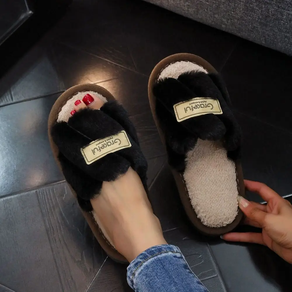 شريط فروي نعال قماش عدم الانزلاق رشاقته الدافئة المنزل النعال الحرارية رقيق عادية الشتاء شبشب منزل الهدايا #2