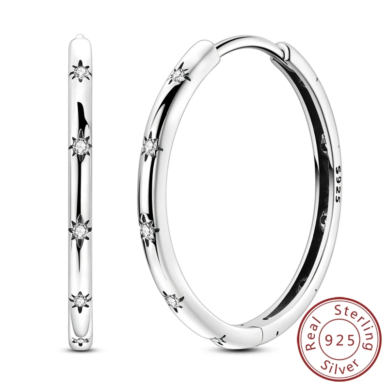 

Stunning 100% 925 Sterling Silver Sparkling Starry Round Hoop Earrings For Women's Exquisite Gifts