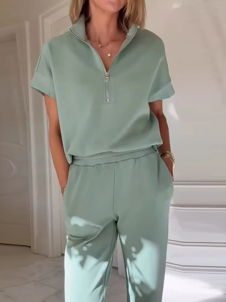 

Autumn Loose Fitness Outfit Simple Solid Color Stand Collar Top and Pants 2 Piece Set New 2025 Casual Short Sleeved Sports Suit