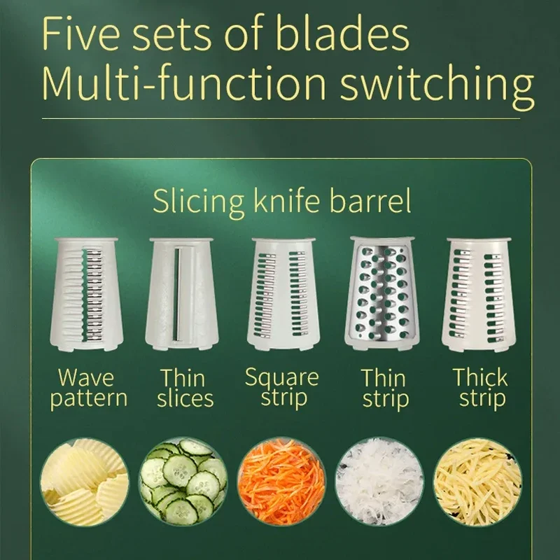 Manual Rotary Cheese Grater Vegetable Slicer Suction Base with 5 Drum Blades Cheese Shredder Fruit Chopper Walnuts Grinder