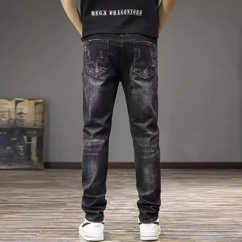 Street Fashion Men Jeans Retro Black Gray Stretch Slim Fit Ripped Jeans Men Vintage Designer Elastic Denim Pants Hombre