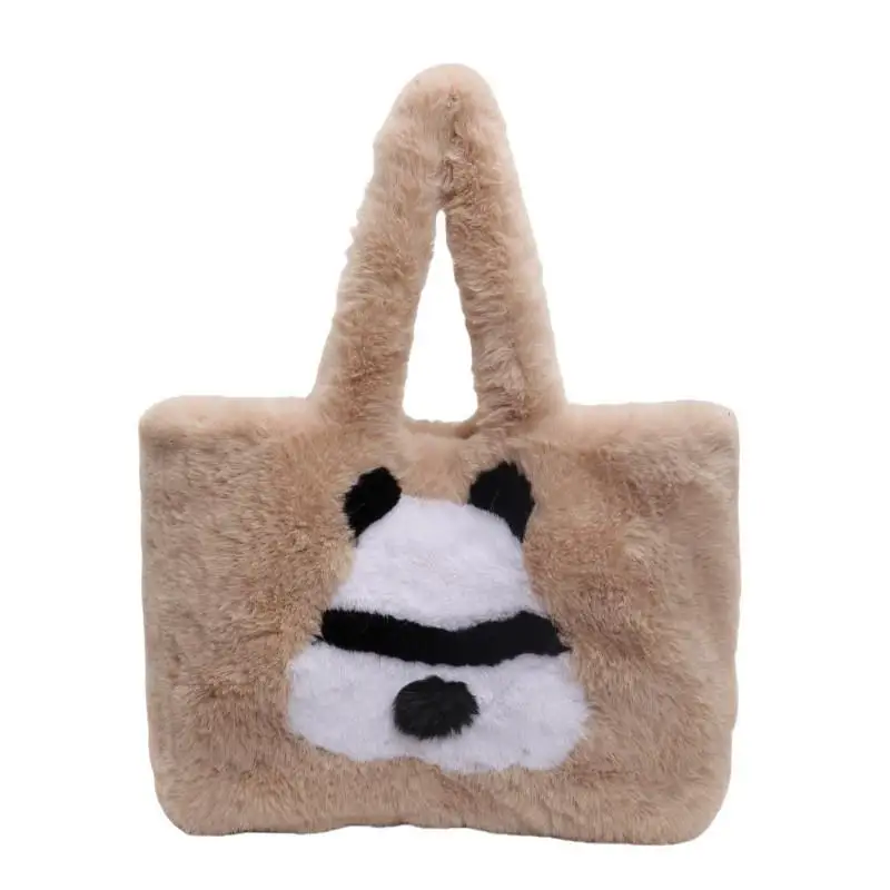 

Cute Furry Panda Bag for Girls 2024 New Style Fuzzy Panda Large Tote Bag for Women shoulder bag for College Students Gray Pink