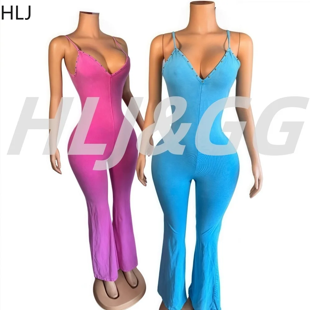 HLJ&GG Sexy Tie-dye Bodycon Jumpsuits Women Spaghetti Strap Deep V Neck Backless Rompers Female Streetwear Overalls Summer New
