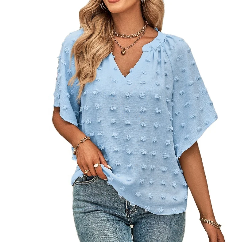 

2025 Oem New Women's V-Neck Chiffon Shirt Solid Color Large Wool Ball Short Sleeve Patchwork Top Cotton Casual Style