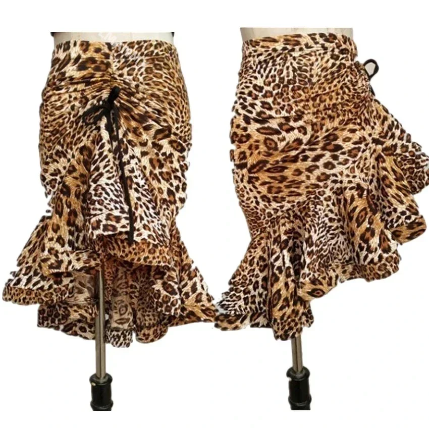 Leopard Print Women Classic Latin Dance Costumes Asymmetrical Ruffle Mermaid Skirt Lady  Tango Rumba Dress