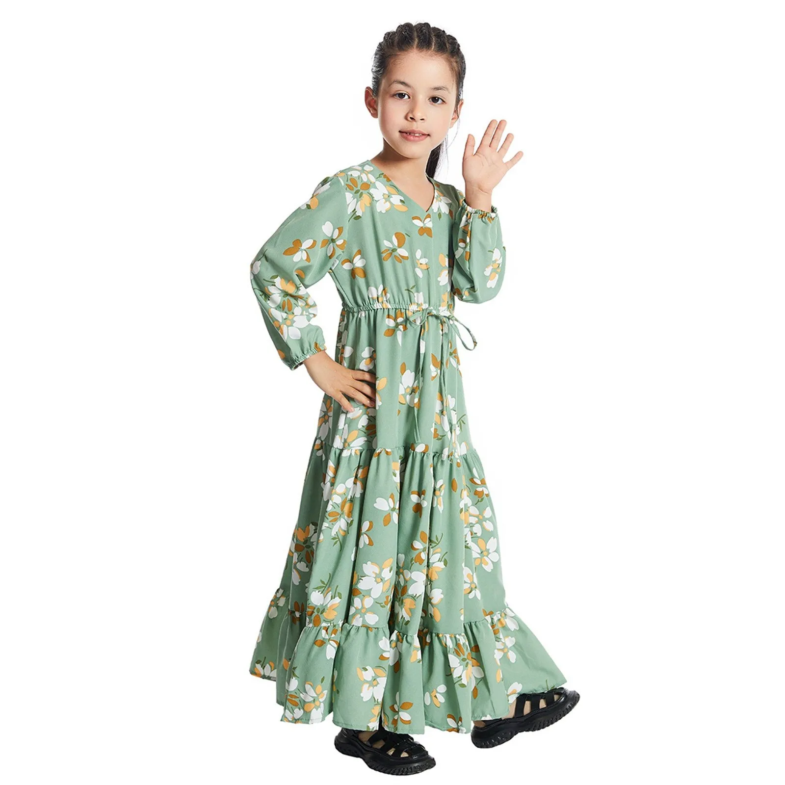 Girls Casual Dresses Kaftan Islamic Children Flowers Bandage Waist Ramadan Morocco Full Sleeve Dubai Arab V Neck Long Dress Robe