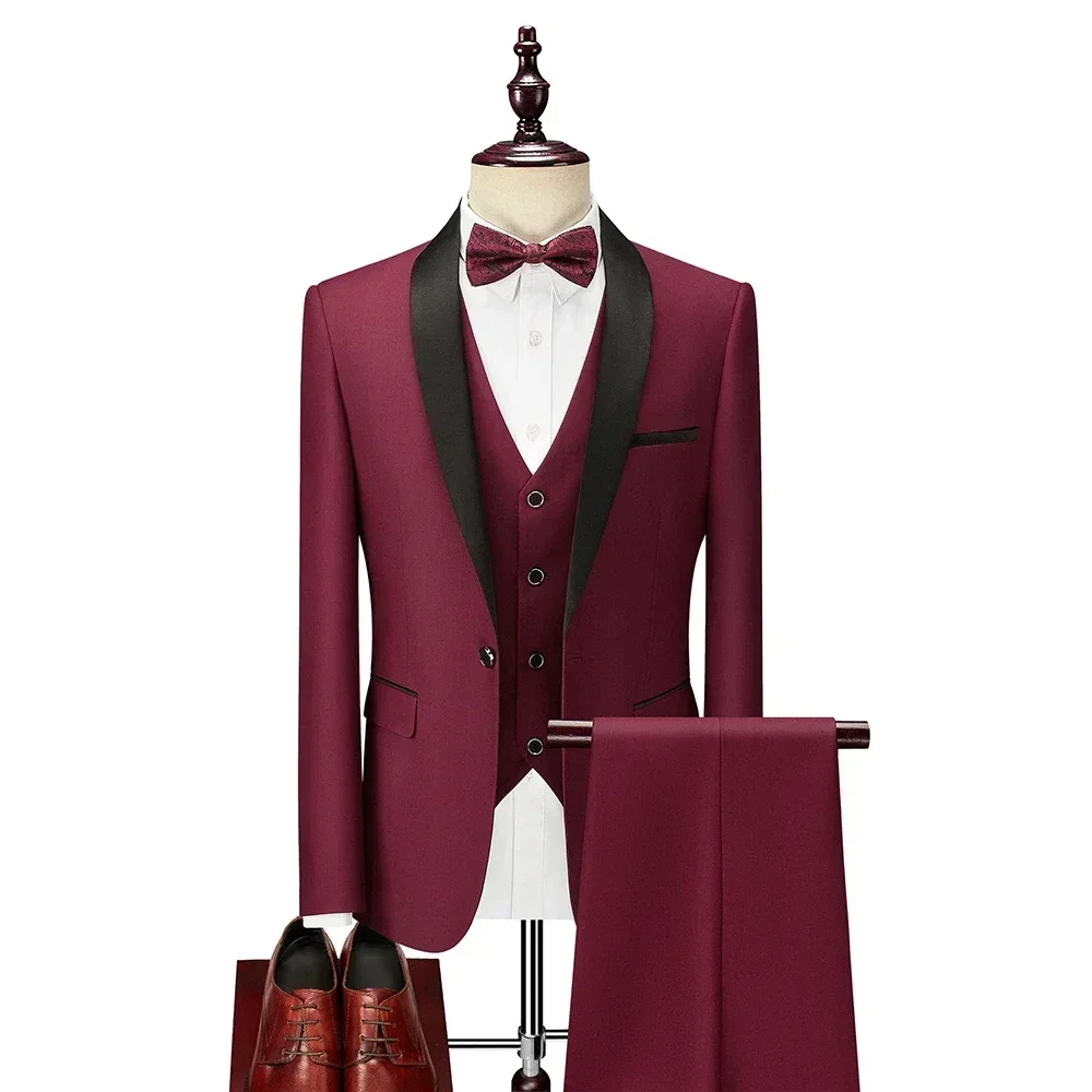 High Quality Men Suit 3 Pieces Set Wedding Elegant Blazers Bow Collar Luxury Jacket Pants Vest Formal CoatSkinny Dress