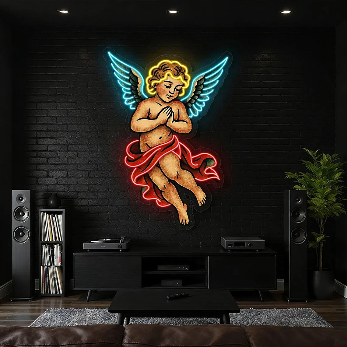 Neon z nadrukiem UV Cherub Angel, Kolorowy neon z modlącym się aniołem, Neon z anielskim skrzydłem, Neon z aniołem stróżem, Neon z cherubinem