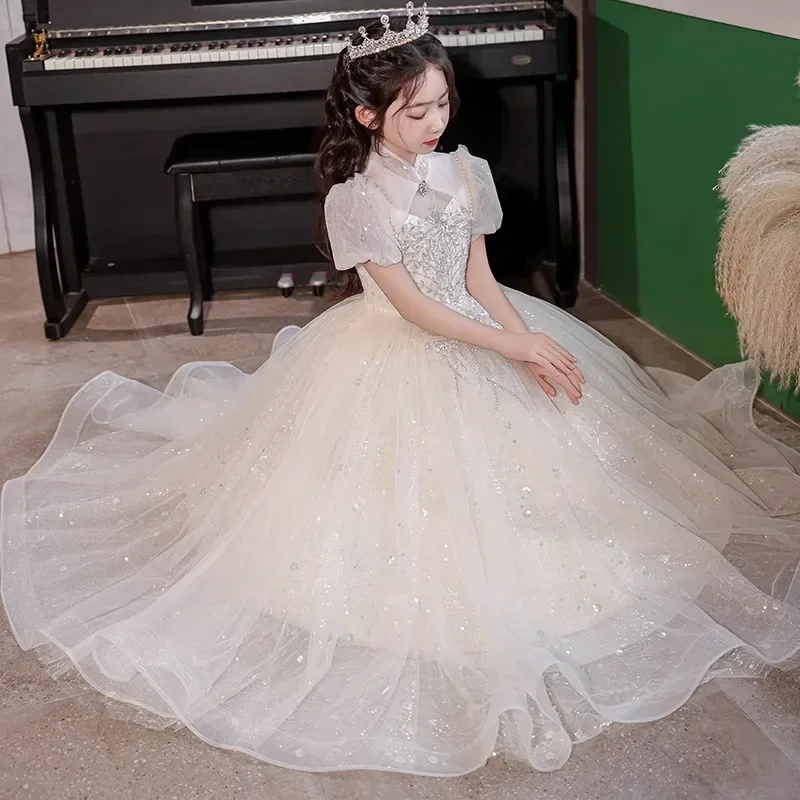 

Girl's Princess 2024 New Flower Girl Wedding Birthday Fluffy Dress Children's Host Piano Performance Dress