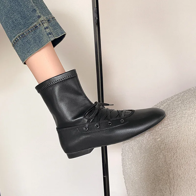 Arden Furtado 2025 Autumn cowhide Cross tied Short boots Round toe pull-on Low heel  simple style Commuter Women's Boots