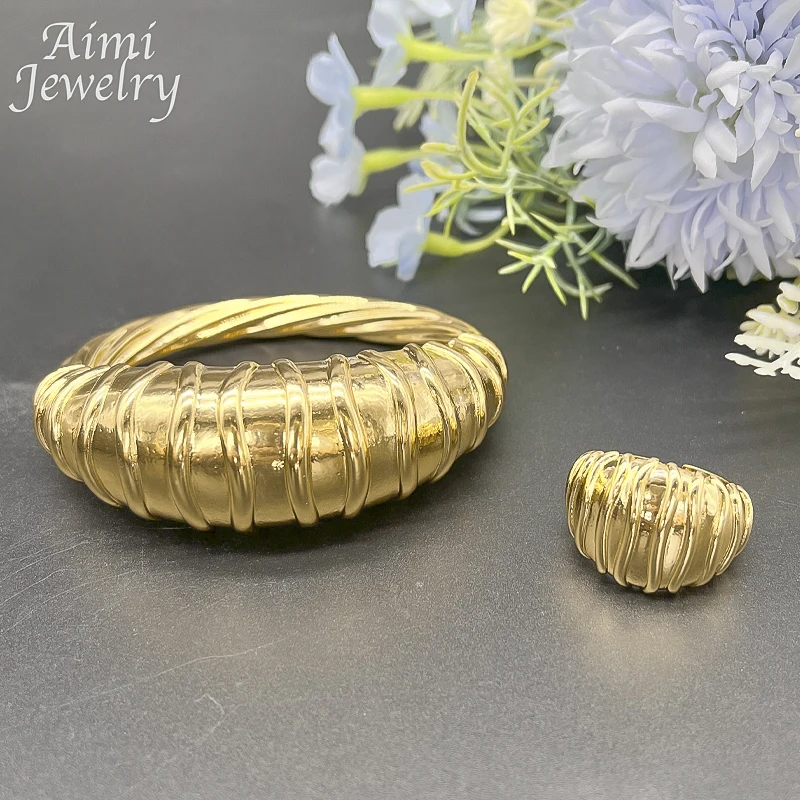 

Elegant 18K Gold Plated Jewelry Set for Women Luxury Copper Bracelet Ring Sets African Bridal Wedding Party Accessories Gifts