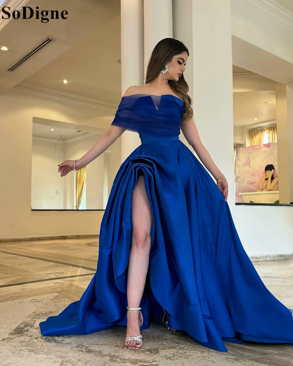 SoDigne Royal Blue Satin Evening Dresses High Slit Tulle One Shoulder A-Line Party Dress 2024 Saudi Formal Occasion Prom Gowns