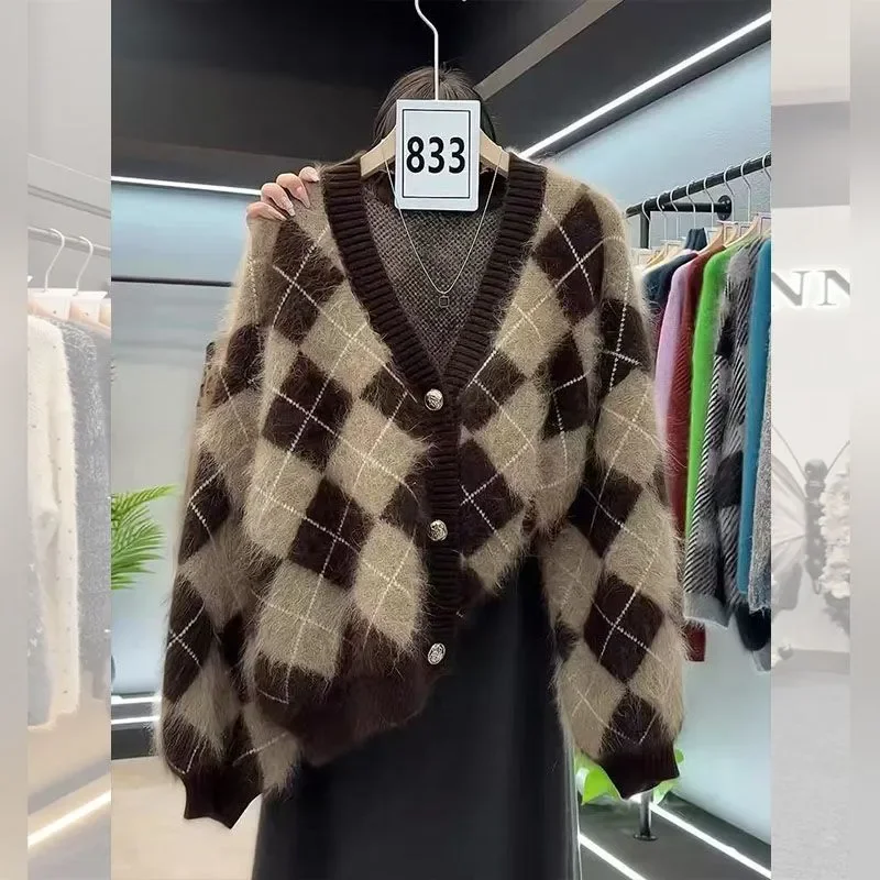 

Женская одежда, осенне-зимний модный повседневный вязаный кардиган на пуговицах с цветными блоками, женский свитер Lingge, тонкий водонепроницаемый