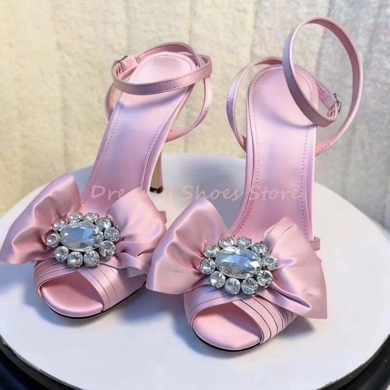 

Pink Satin Bowknot Rhinestone Stiletto Sandals Women Open Toe Ankle Strap Slingback High Heels Luxury Elegant Party Wedding Shoe