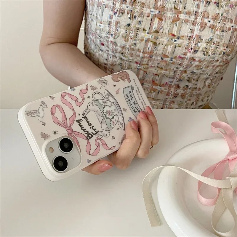 Retro Pink bow tie Porcelain teacup rabbit rhinestone art Phone Case For iPhone 16 15 14 13 12 Pro Max Case Cute cartoon Cover image 4