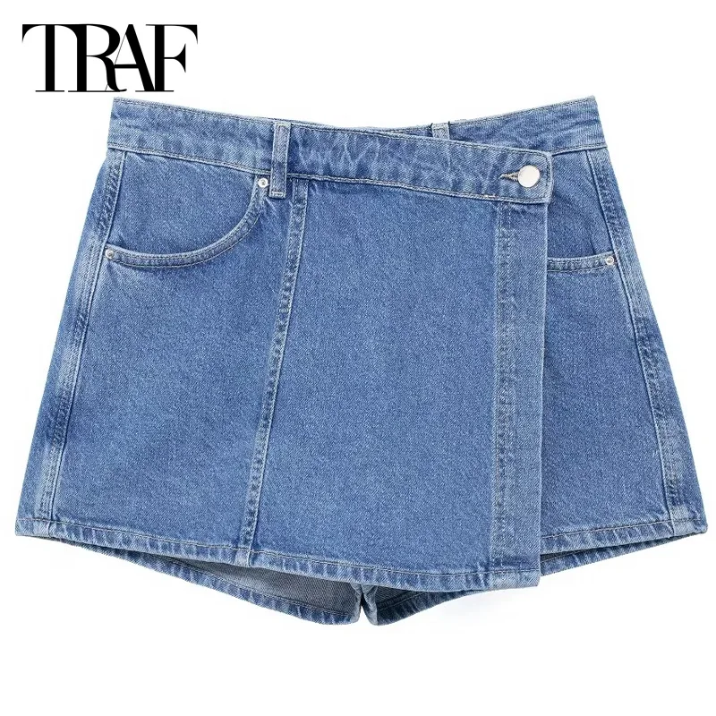 

TRAF 2024 Asymmetric Denim Culottes Women's Mini Wrap Blue Shorts Skirt Summer Women High Waist Short Skirt Booty Biker Culottes