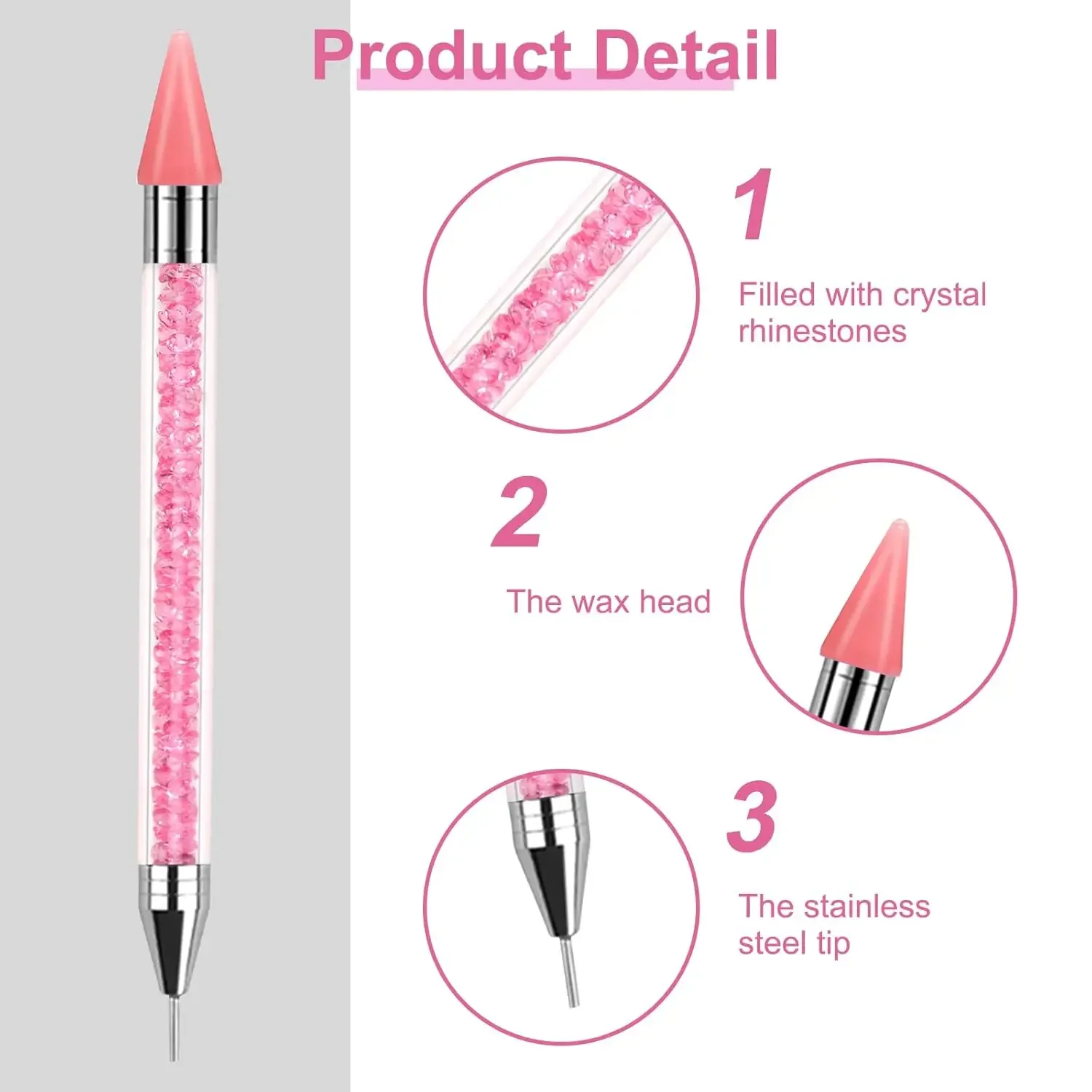 ラインストーンピッカーツール 2個、予備ワックスチップ2個付き、両端が使えるマニキュアネイルアートDIYデコレーションキット（ラインストーンや宝石用）