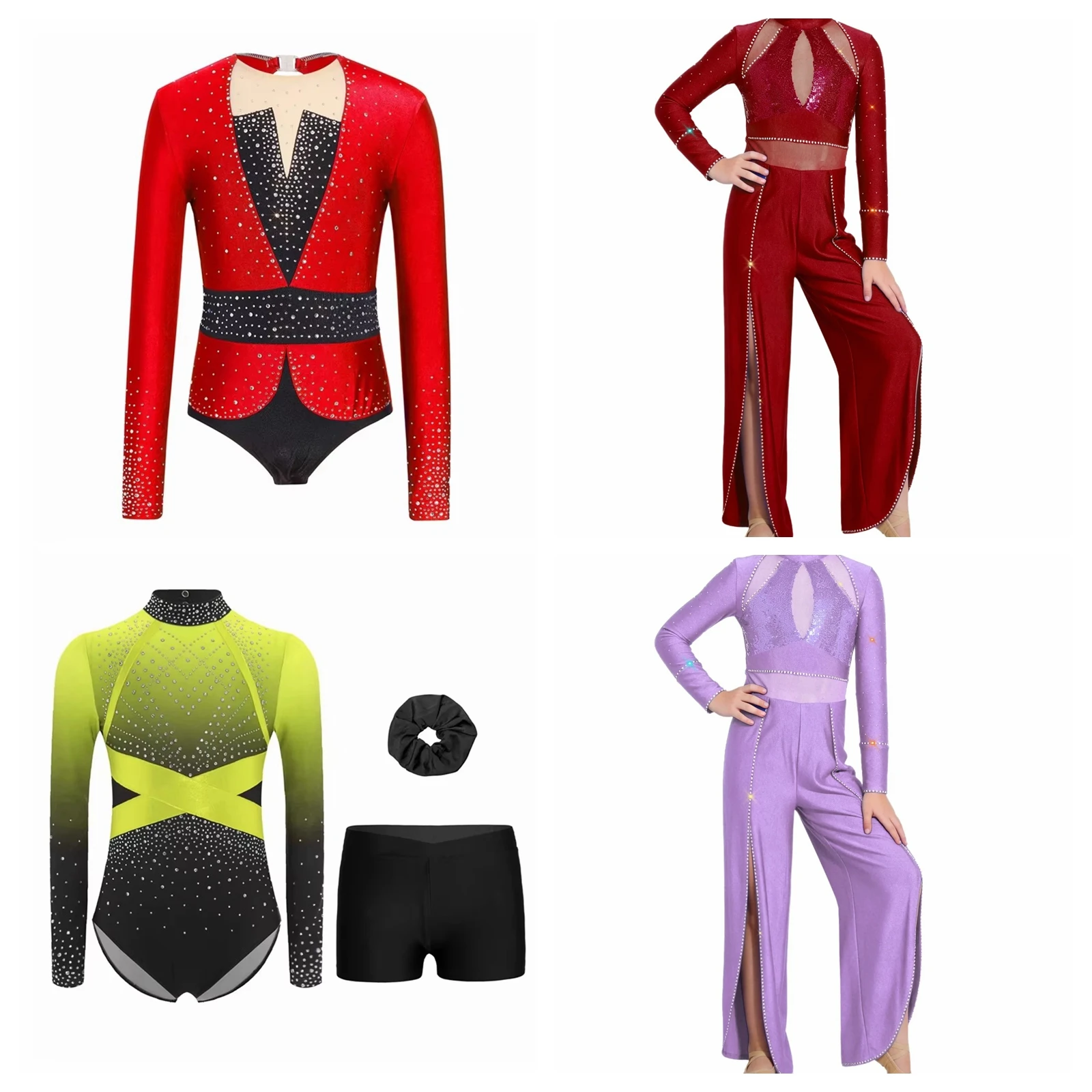 

Kids Girls Figure Skating Gymnastics Dance Leotard Children Shiny Rhinestone ColorBlock Bodysuit Dancewear Ballet Dance Jumpsuit