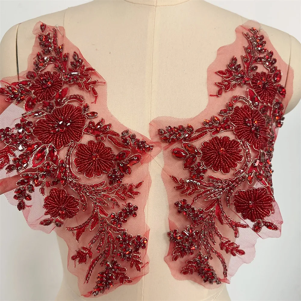 1 Pair Handmade sequins beaded embroidered lace three-dimensional floral wedding dress clothing patch