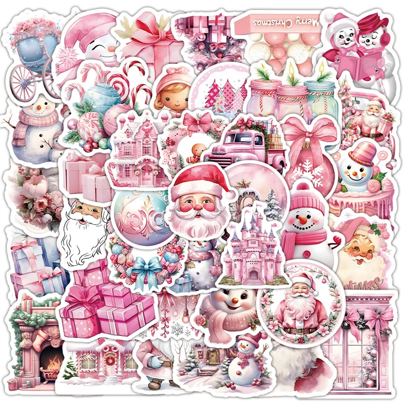 52pcs 귀여운 만화 핑크 크리스마스 스티커 산타 클로스 데칼 노트북 노트북 전화 가방 장식 스티커 어린이 장난감