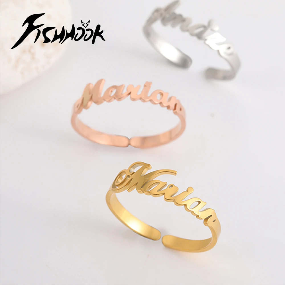 Fishhook Custom Name Finger Ring Personalized Couple Family Gift For Women Mother Men Gold Color Stainless Steel Fashion Jewelry